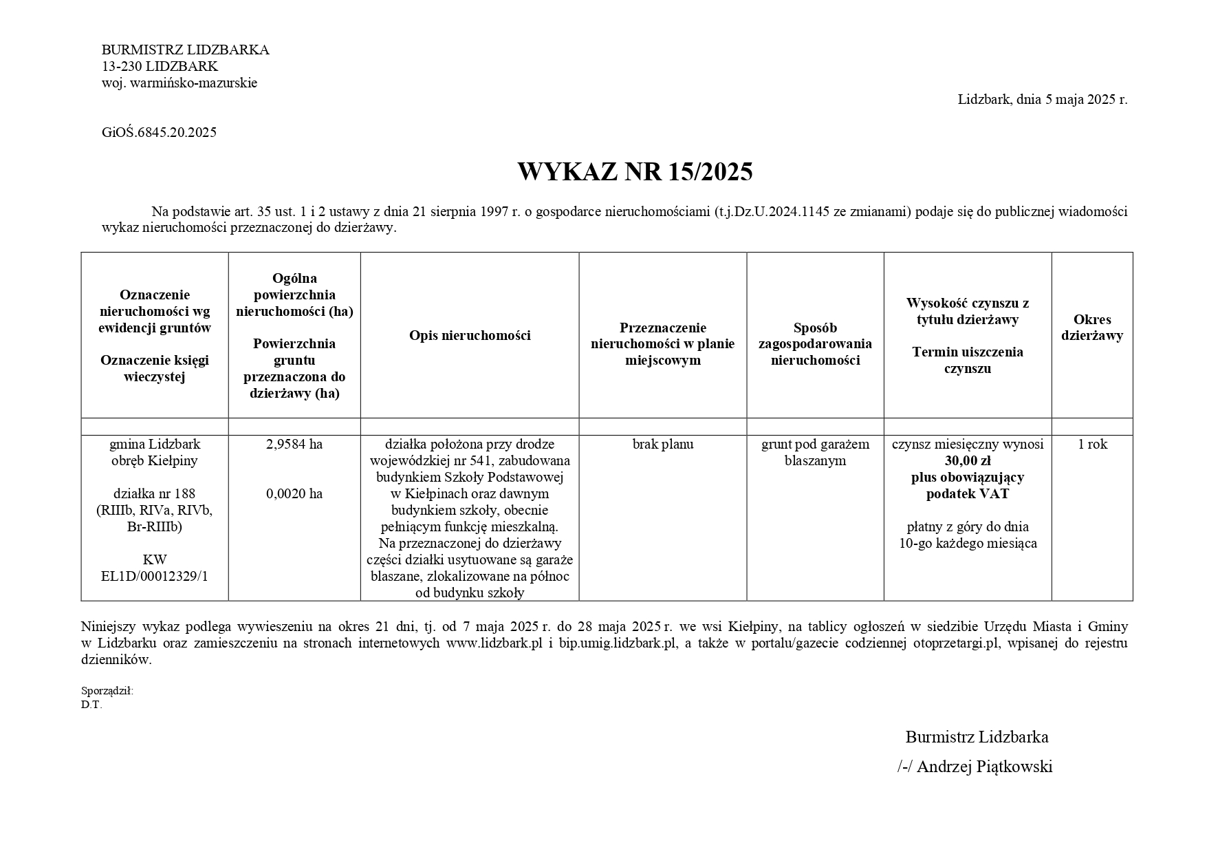 Wykaz Nr 15/2025 - Nieruchomość gruntowa do dzierżawy - obr. Kiełpiny dz. nr 188